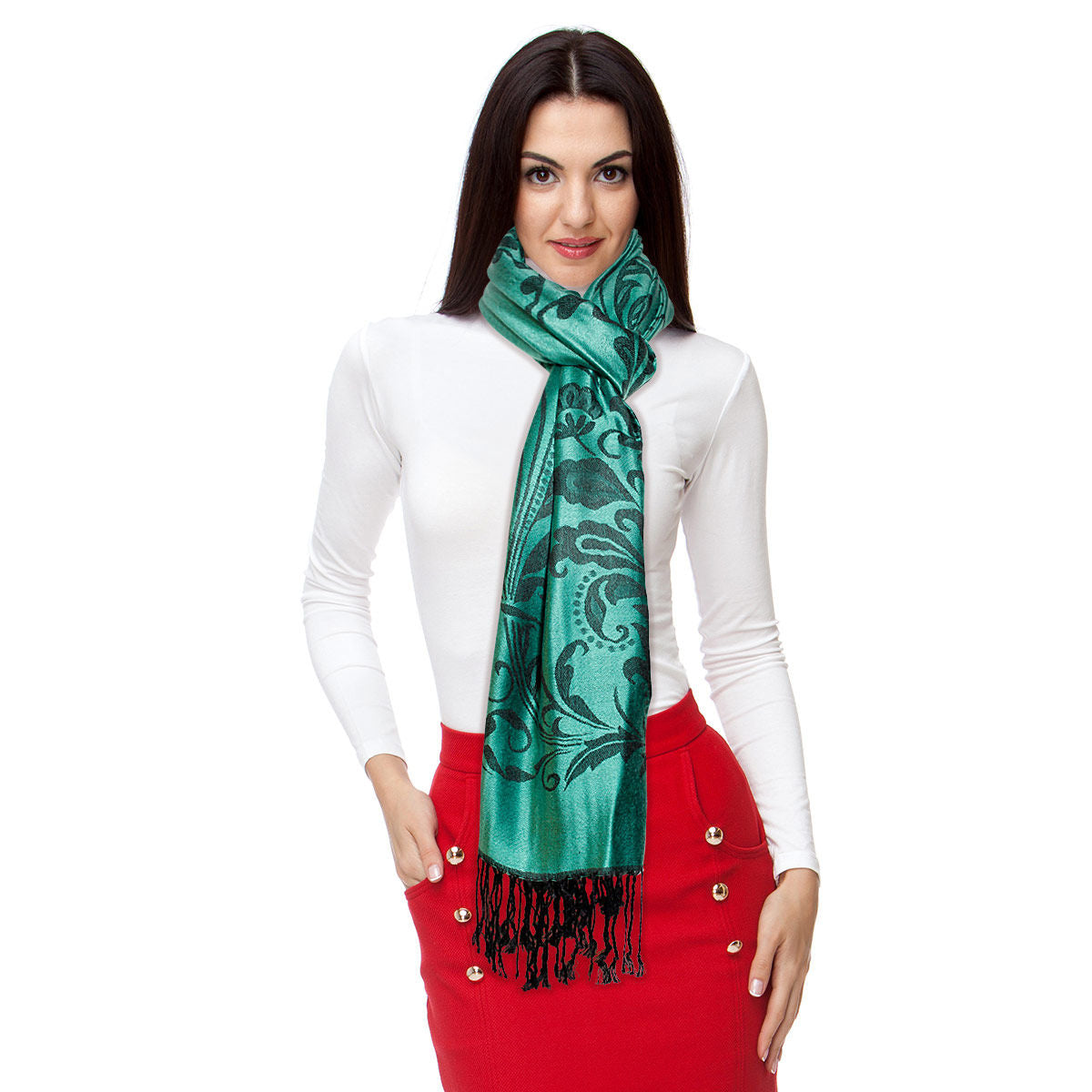 Pashmina Green Flower Fringe Scarf for Women