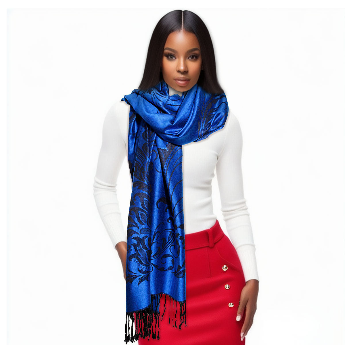 Pashmina Blue Flower Fringe Scarf for Women