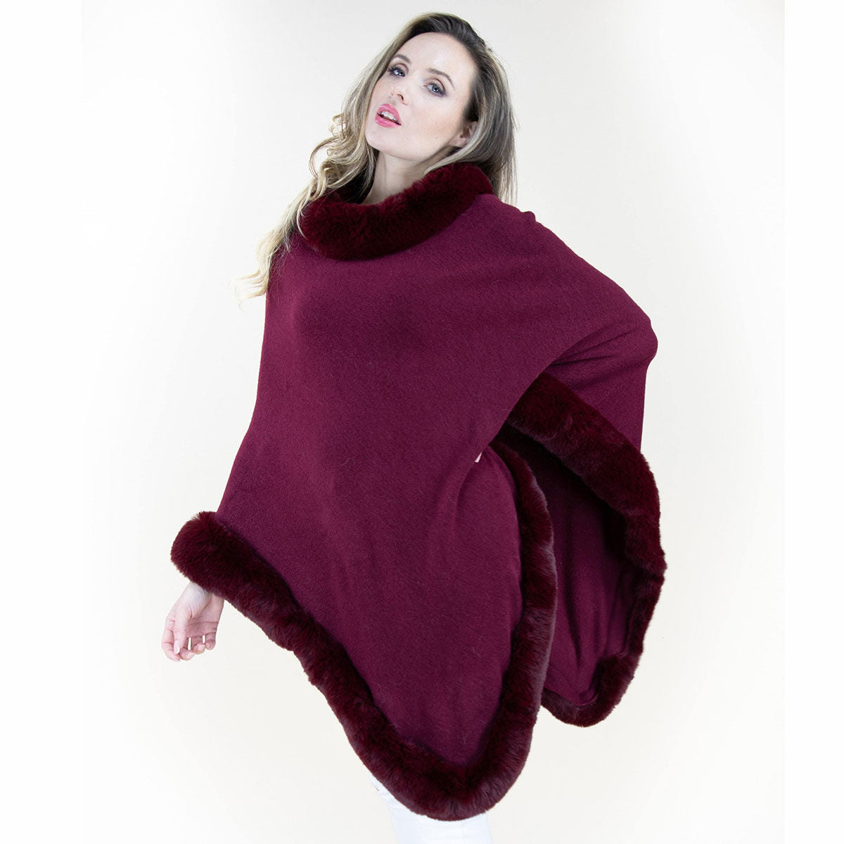 Poncho Burgundy Fur Trim for Women