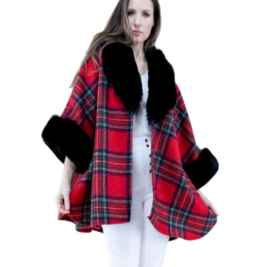 Red Scotch Plaid Fur Cape