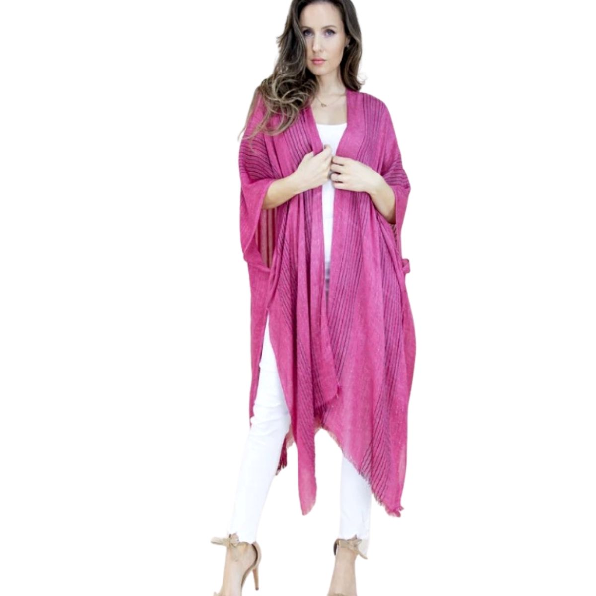 Magenta Ribbed Pleated Kimono