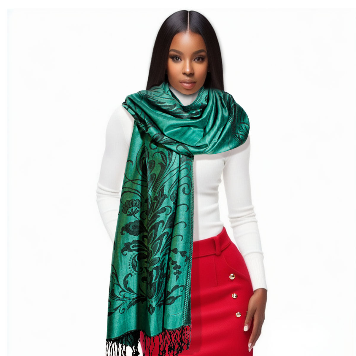 Pashmina Green Flower Fringe Scarf for Women