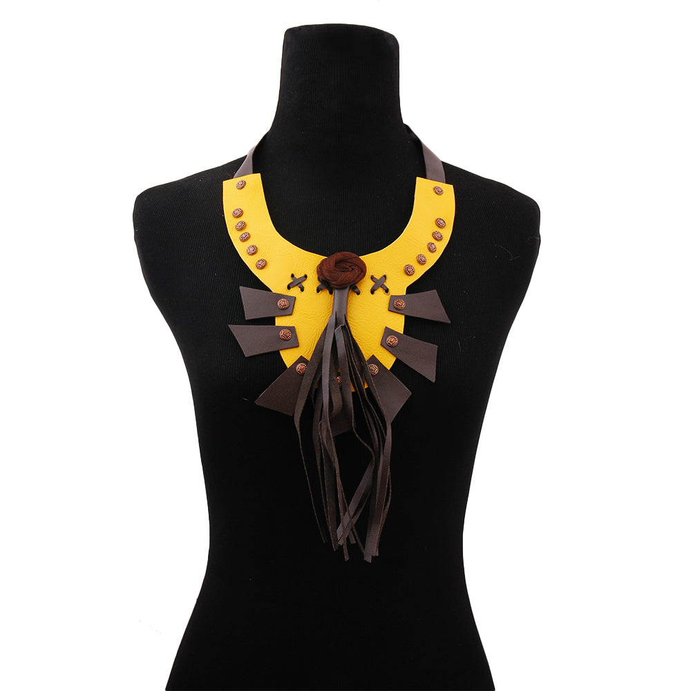 Yellow Leather Rose and Tassel Bib Choker Necklace