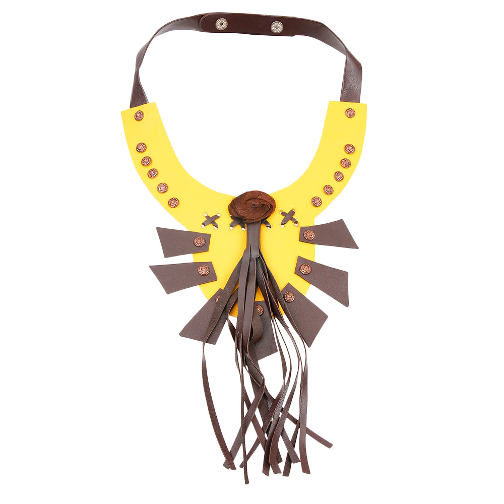 Yellow Leather Rose and Tassel Bib Choker Necklace