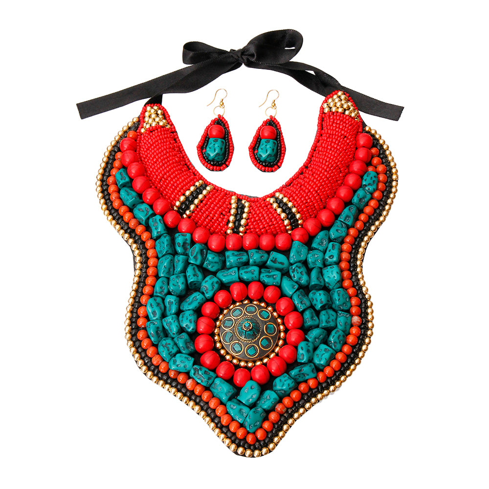 Multi Color Bead and Stone Raised Collar Bib Necklace Set