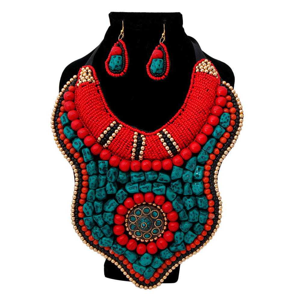 Multi Color Bead and Stone Raised Collar Bib Necklace Set