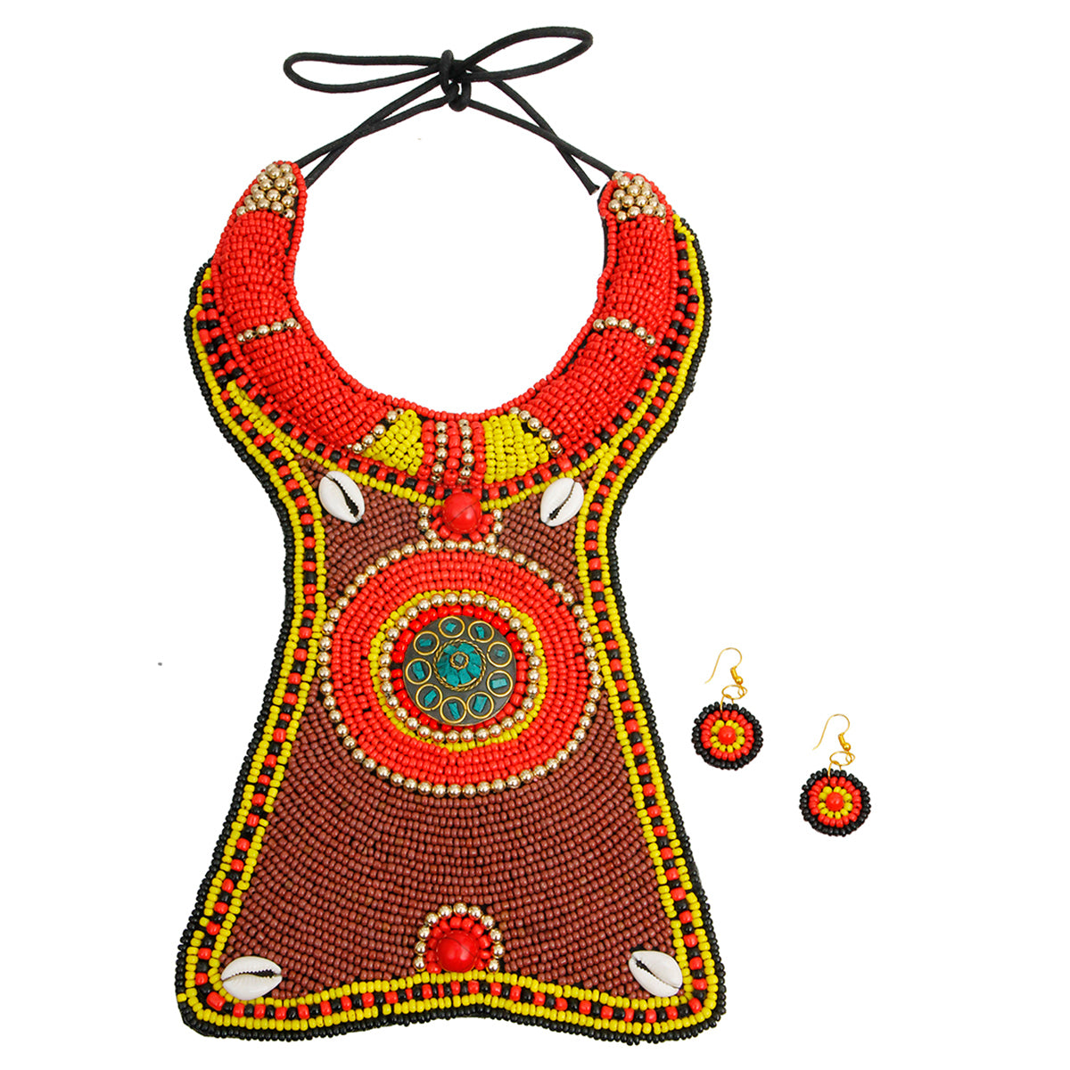 Brown Yellow and Red Bead Collar Long Bib Necklace Set with Cowrie Shell Detail