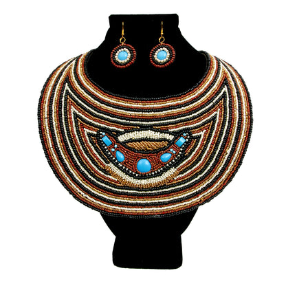 Brown, Black, and Cream Beaded Bib Necklace Set Featuring Light Blue Detail