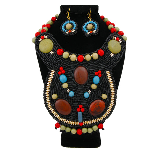 Black Bead Bib Necklace Set with Green and Red Bead Collar and Detail