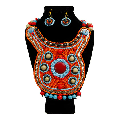 Orange Bead Bib Necklace Set with Blue Red and Green Bead Collar and Detail