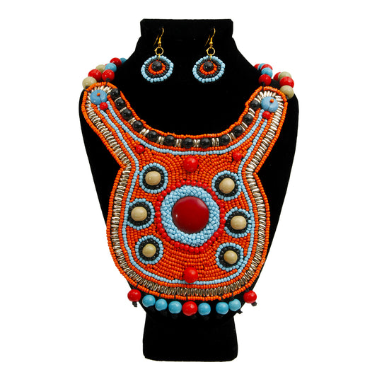 Orange Bead Bib Necklace Set with Blue Red and Green Bead Collar and Detail