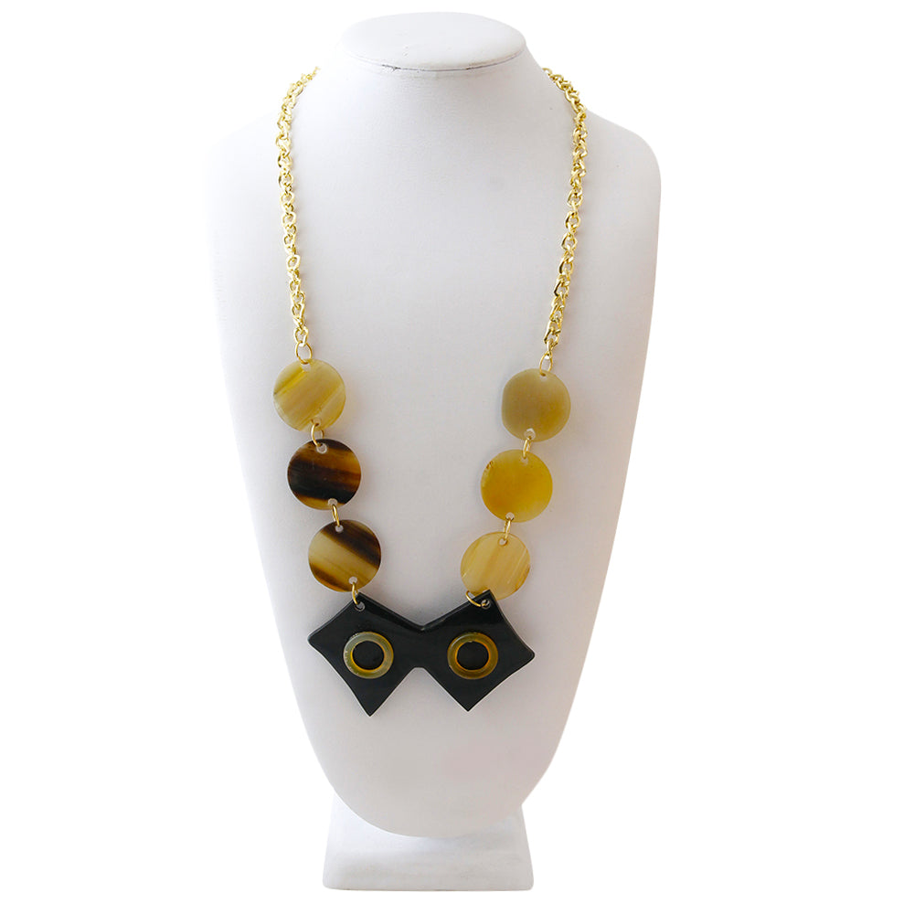 Circular Buffalo Horn and Gold Chain Necklace