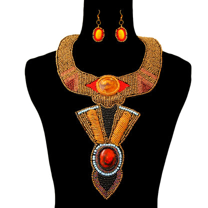 Gold Bead Collar Necklace Set with Long Bib Drop Featuring Swirled Stone Detail