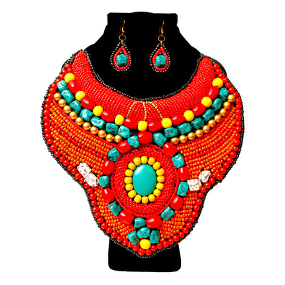 Red and Orange Bead Raised Collar Bib Necklace Set with Turquoise Stone Bead Detail