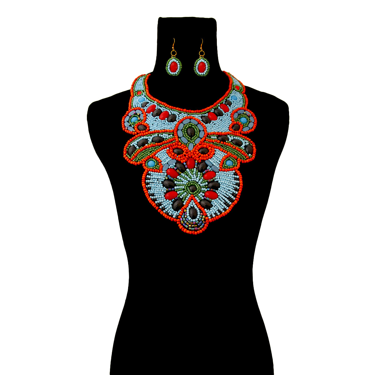 Blue and Orange Bead Bib Necklace Set